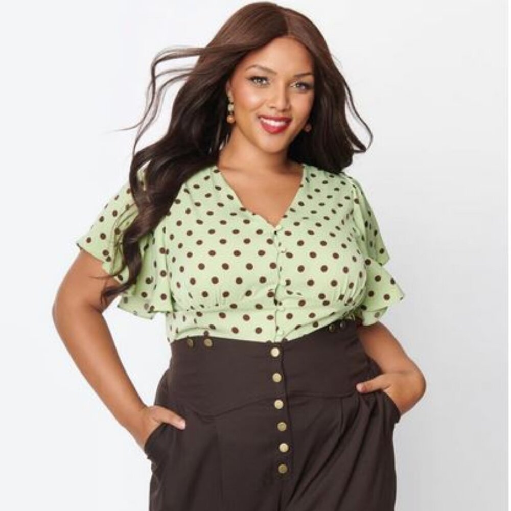 Unique Vintage Plus Size Sage & Brown Dot Flutter Sleeve Blouse - 3X/20